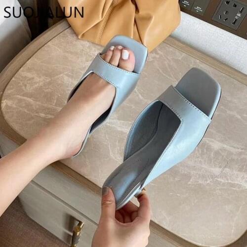 SUOJIALUN 2020 New Brand Low Heels Slippers Ladies Elegant Slip On Slides Mule Shoe Summer Outdoor Leisure Sandal Women Flip Flo