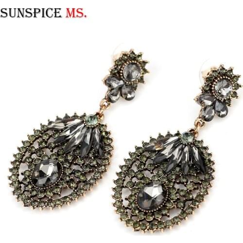 Sunspicems Fashion Gray Crystal Turkish Earring for Women Ethnic Banquet Jewelry Gift Antique Gold Color Gothic Bojiux
