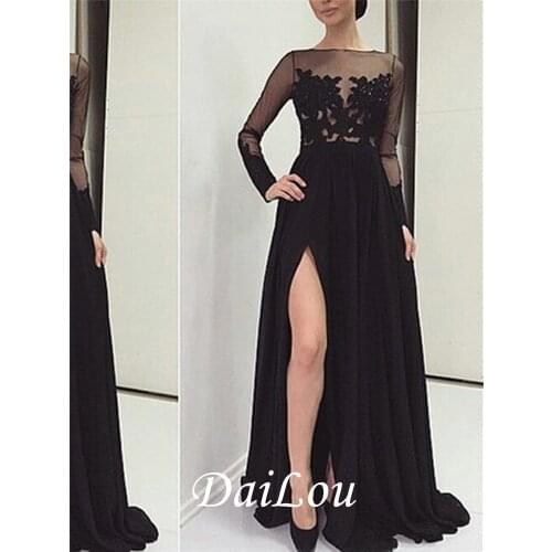 A-Line Sweep/Brush Floor-Length Sheer Back Appliques Split-Front Long Sleeves Evening Dress 2021