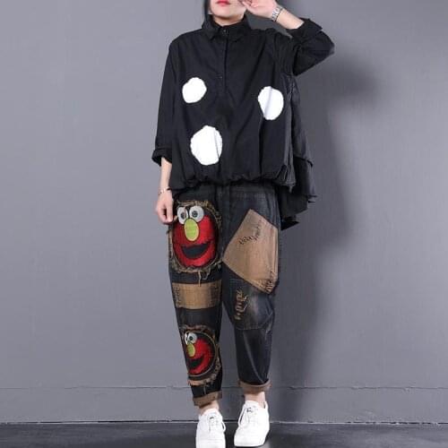 Western style large size womens 200 kg autumn loose polka-dot printed shirt womens thin and belly-covering tops reduce age