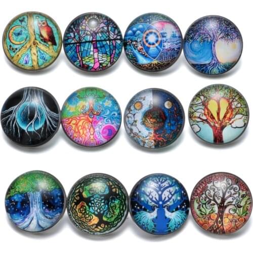 12pcs/lot Tree of Life Pattern 18mm Glass Snap Button Fit Bracelet Snaps Jewelry KZ0434