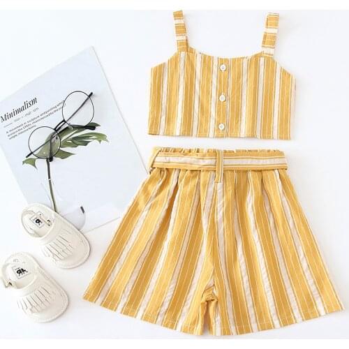 2021-02-24 Lioraitiin 2Pcs Set 1-6years Toddler Baby Girl Clothing Sleeveless Striped Printed V-Neck Yellow Top Shorts