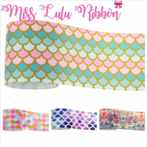 3"75mm Colorful Fish Scale Gradient Pattern Printed Grosgrain Ribbon DIY hair bow ribbon 10yards/roll Hair Band Making