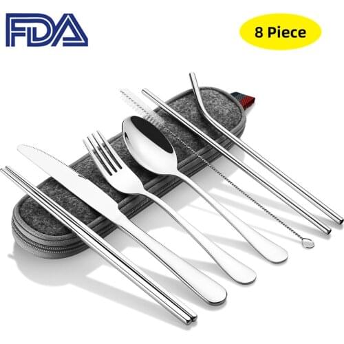 8PCS Portable Cutlery Set Stainless Steel Dinnerware Chopsticks Spoon Fork Knife Straws With Bag School Travel Picnic Tableware