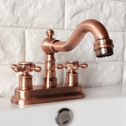 Antique Red Copper Deck Mounted Two Holes Bathroom Basin Faucet Bath Faucets Swivel Spout Vessel Sink Faucets Nrg047