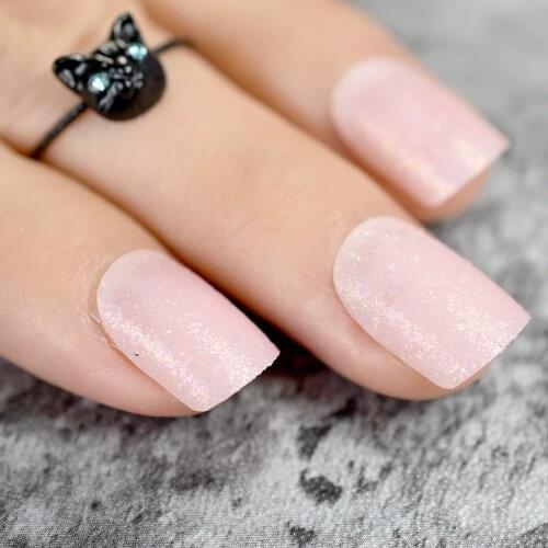 Baby Pink Short False Nails Tips Light Pink with Shimmer Glitter Full Cover Artificial Fake Nail for Home Office faux ongles