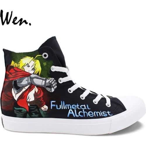 Wen Design Hand Painted Shoes Anime Fullmetal Alchemist Classic Black Unisex Canvas Sneakers High Top Adult Boy Sport Skate Shoe