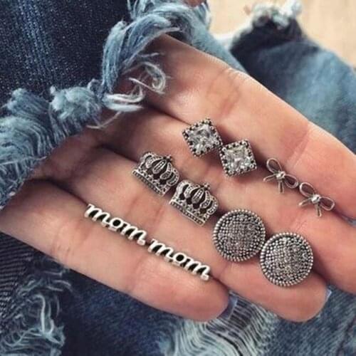 Ex512 Europe and America Vintage crystal alloy geometric square round crown letter mom bow earrings 5 pairs / set