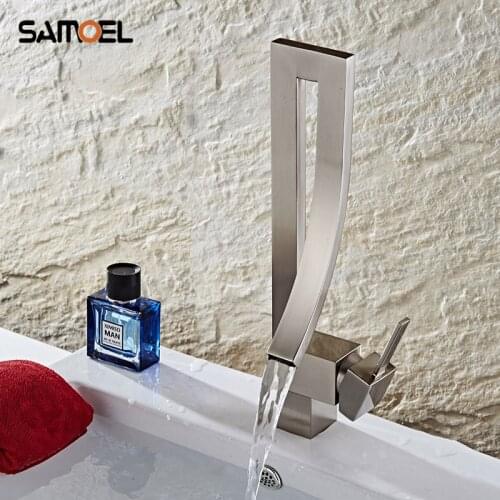 Deck Mount Brass Waterfall Bathroom Sink Mixer Taps Brushed Nickel Creative Design Single Hole Basin Faucets NL706