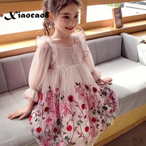 2020 Girls Summer Dress Kids Full Embroidered Princess Dress Chidlren White Pink O Neck Mesh Dresses for Girls Toddler Clothes