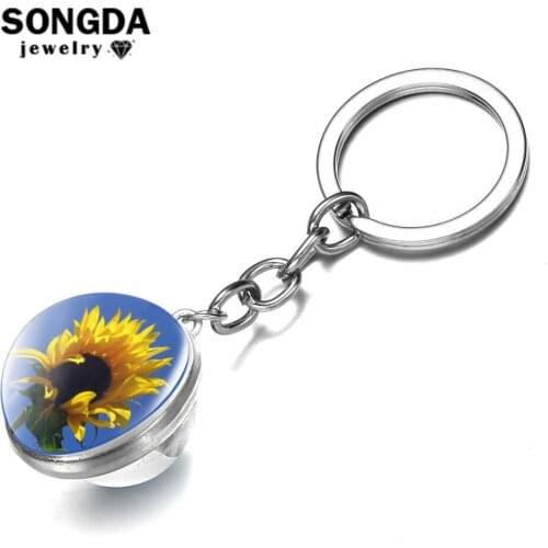 Summer Sunflower Keyring Fashion Transparent Double Side Cabochon Glass Ball Keychain Bag Charm Car Key Ring Holder Gift