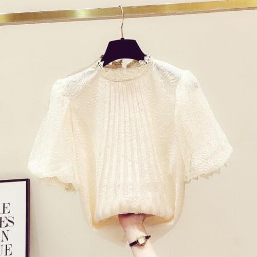 Fashion Design Lace Hollow Out Women Blouse Summer New 2021 Solid Lantern Sleeved Elegant Office Lady Pulls Outwear Tops