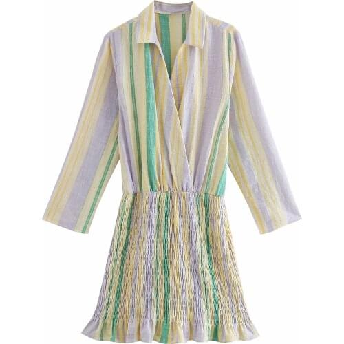 Za New Women Retro Elegant Casual Stripe sSitching Print Dresses Spring Autumn Slim Mini Dress XITIMEAO