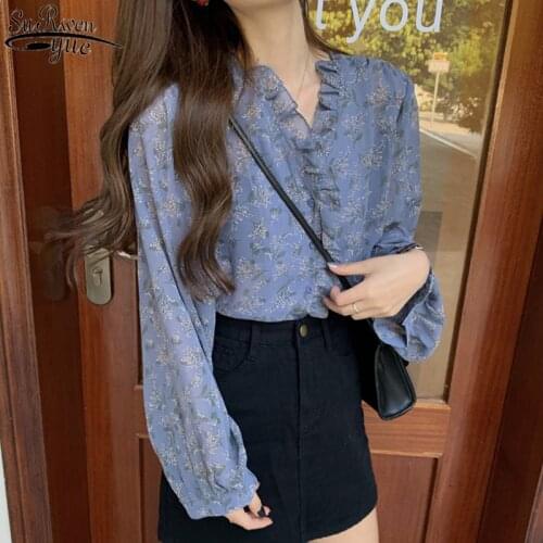 New Korean Summer Floral V-neck Chiffon Shirts 2021 Office Loose Lantern Sleeve Cardigan Women Blouse Print Women Blusas 10116
