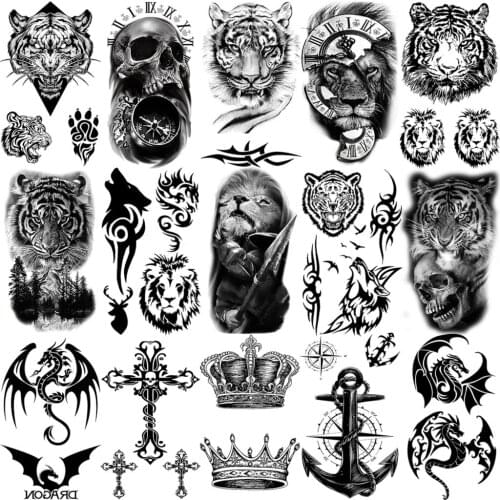 Realistic Lion Tiger Skeleton Temporary Tattoos For Women Men Dragon Crown Cross Anchor Thorns Fake Tattoo Small Tatoos Sticker