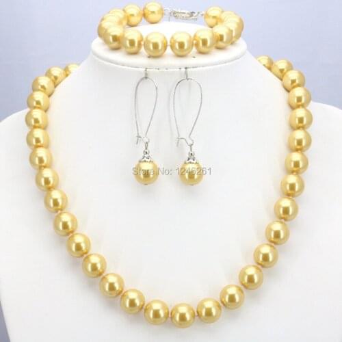 Christmas Gifts Women Girls 10mm Shining Yellow Glass Round Pearl Beads Necklace Bracelet Earrings Sets Jewelry Making Design