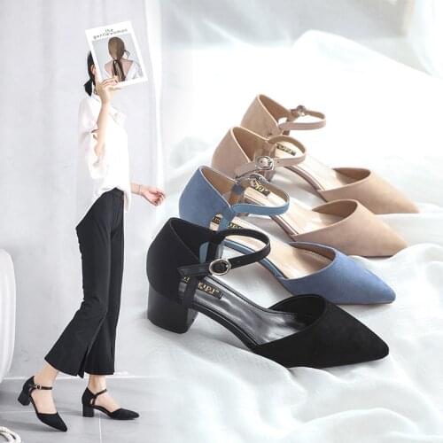 Pointed close toe sandals ankle strap summer woman shoes thick heels sandalias mujer 2020 femme solid flock brief footwear shoes