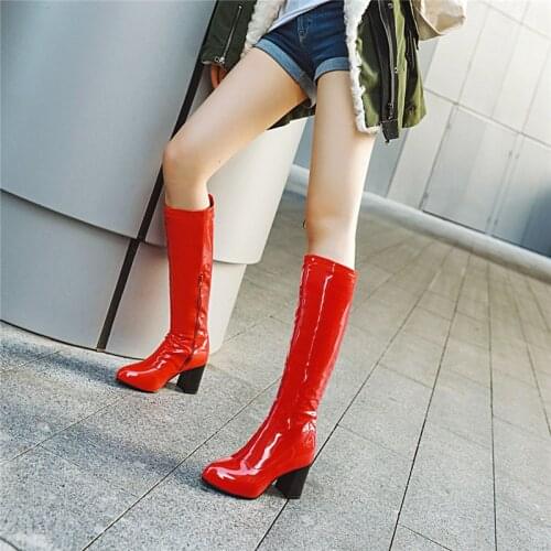 YMECHIC Block High Heel Candy-colored Kawaii Cute Patent Faux Leather Mid Long Womens Boots Fashion Party Ladies Shoes Winter