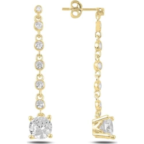 Silver 925 Sterling Round Zircon Stone Dangle Studded Earrings