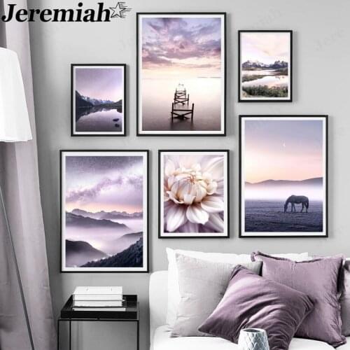 Nordic Purple Landscape Canvas Painting Reed Flower Cloud Fog Poster Wall Art Modern Room Home Decoration Accessories Gift