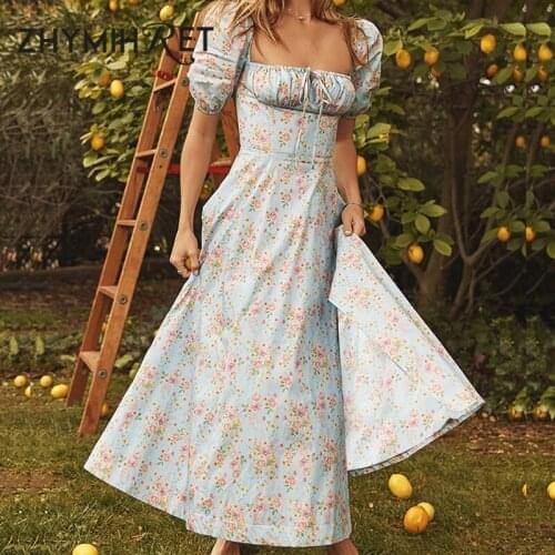 ZHYMIHRET Vintage Square Collar Floral Long Dress Hollow Out Side Split Backless Summer Dress Printed Maxi Vestidos Beach Outfit