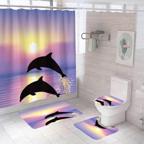 Dolphin Bathroom Shower Curtain Waterproof Shower Curtain 3D Printed Polyester Non-Slip Rug Toilet Cover Bath Mat Set Rugs