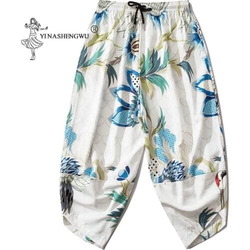 Japanese Clothing Retro Casual Flying Crane Harajuku Ukiyo-e Summer Harem Trousers New Kimono Loose Mens Wide-leg Pants Men