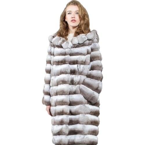 Hooded Fur Jacket Winter Warm Fashion Coat Women Real Rex Rabbit Fur Coat Chinchilla Colored