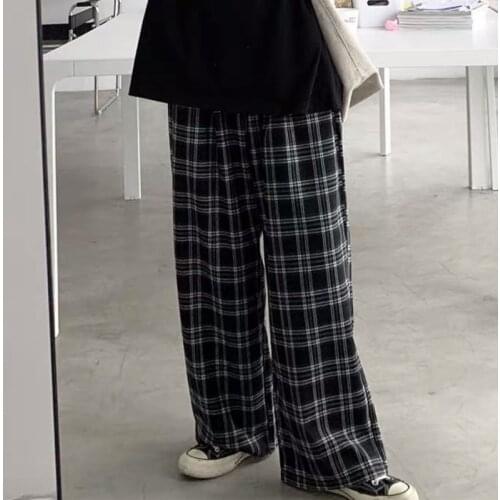 Women Fashion Plaid Pants Chic Loose Wide Leg Trousers Ins Retro Teens Harajuku High Waist All-match Streetwear Female Pants