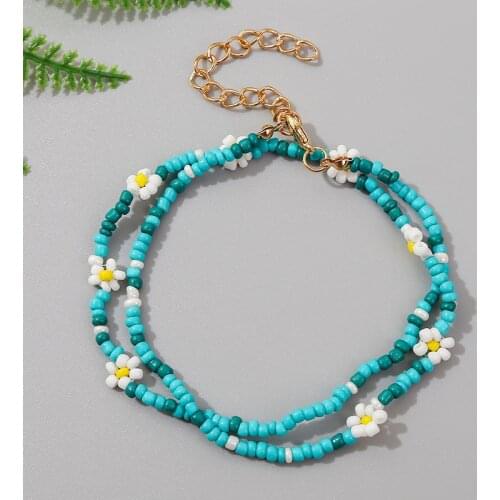 Bohemian Ladies Fashion Blue Glass Beads Double Layer Bracelets For Women Beach Style Handmade Beaded White Flower Bracelet Gift