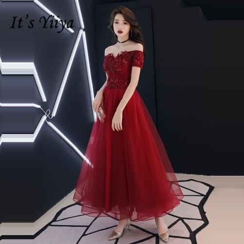 Long Evening Dresses Its Yiiya BR254 Elegant Appliques Women Party Gowns Ankle Length Formal Dress Boat Neck Evening Vestido