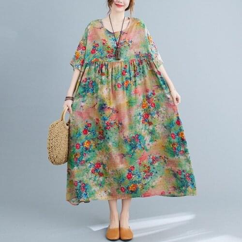 Oversized Women Summer Loose Casual Dress New 2021 Vintage Style Floral Print Big Swing Ladies Cotton Linen Long Dresses B604