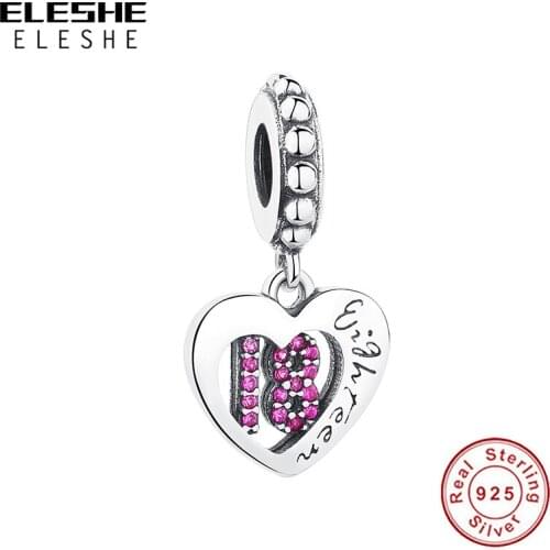2019 New 18 of Love Pendant Charm 925 Sterling Silver Pink Crystal Beads fit Charm Bracelet Women DIY Jewelry Making