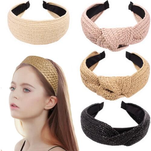 1pcs women fashion Handmade Straw Weave top knot headband girl hairbands bohemian hair band turbantes wide Hair Hoop accessories