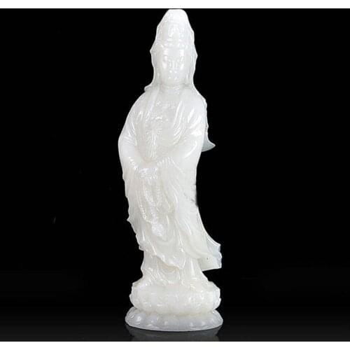LARGE # home TOP efficacious Talisman Mascot Nanhai Guanyin Bodhisattva FENG SHUI White jade Hand engraving Sculpture statue