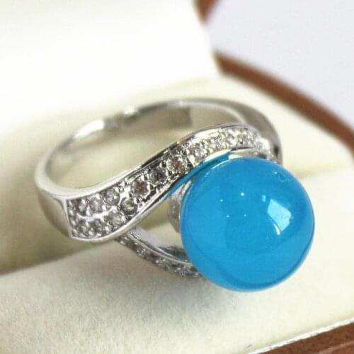 Elegant ladys silver plated with crystal decorated &12mm blue jades ring(#7 8 9 10)