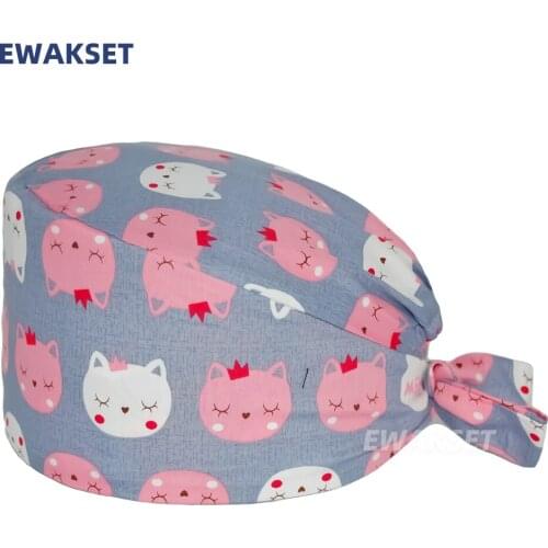 Surgicals Cap with Sweatband Cat Print Anime elastic Bandage Nurse Dentist Clinic Working Scrubs Hat Long Hair for Women Men