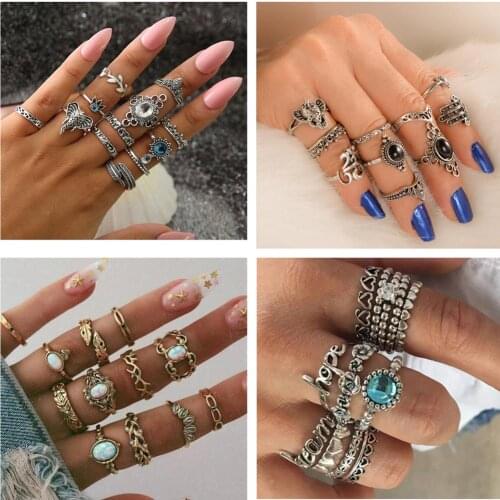 Boho Retro Metal beach style Multilayer Elephant Flowers Moon Geometry Crystal Joint Ring Set Fashion Jewelry Party Gift