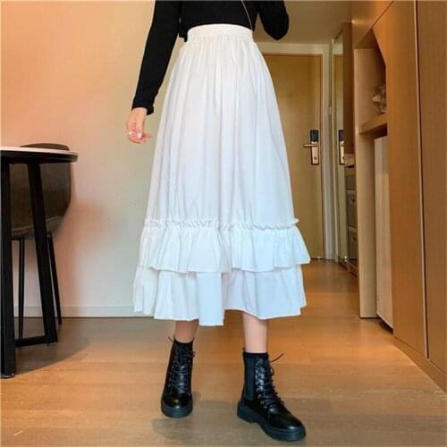 Summer High Waist Solid Ruffled Skirt Girls School Pleated Spring Elastic Women A-line Skirts Female Dresses