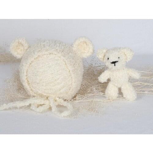 Soft Fluffy Teddy Bear Toy Baby Photo Props Knitted Baby Animal Hat Crochet Newborn Bonnet Infant Bonnet Stuffed Knit Bear