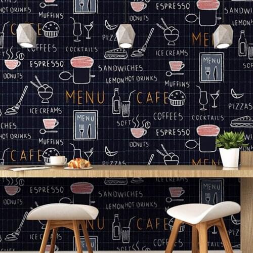 Retro Nostalgic English Letters Wallpaper Cup Knife and Fork Restaurant Personality Fashion Black Bedroom Black Cafe Wallpaper