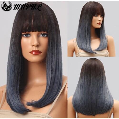 Medium Blue Straight Ombre Natural Daily Hair Synthetic Wig For White Women With Bangs Cosplay Heat Resistant Female Fiber Wigs
