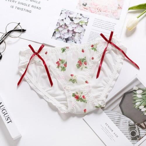 Lovely strawberry chiffon low rise sweet bowknot pants black fungus and package hip cotton women ropa interior femenina panties