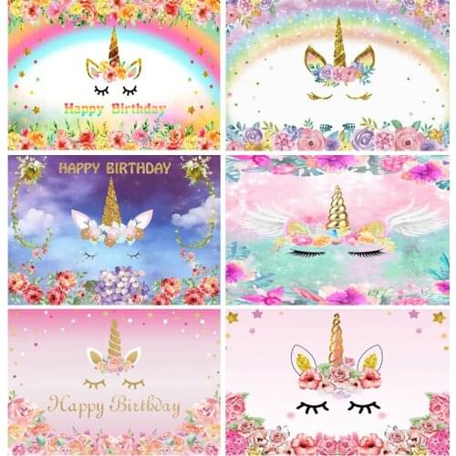 SHENGYONGBAO Vinyl Unicorn Head Photography Backdrop Rainbow Birthday Newborn Banner Flower Party Studio Background 210519-01