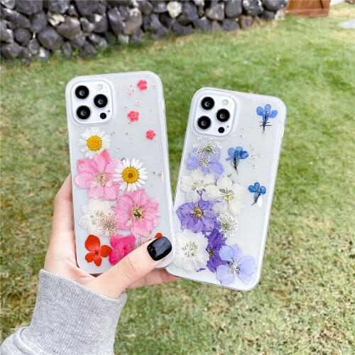 Stylish Real Dried Flower TransParent Phone Case For iPhone 12 Mini 11 Pro XS MAX XR X 7 8 Plus SE 2020 Purple Floral Back Cover