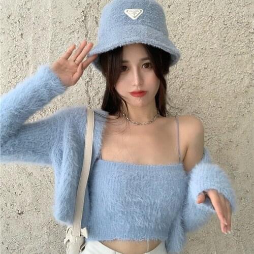 Crop Top Autumn Style Cardigans Two Pieces Womens Clothing Sweaters Sexy Fashion Brand Blue Korean Clothes Long Sleeve New