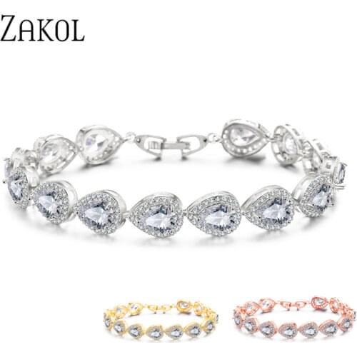 ZAKOL Fashion 3 Colors Elegant Water Drop Shape Cubic Zirconia Strand Bracelet Bangles For Women Bridal Wedding Jewelry FSBP099