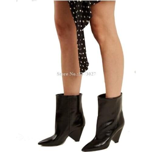 Black Leather Spike Heel Woman Ankle Boots Newest Best Design Pointed Toe Ladies Short Boots Sexy Runway Shoes Dropship