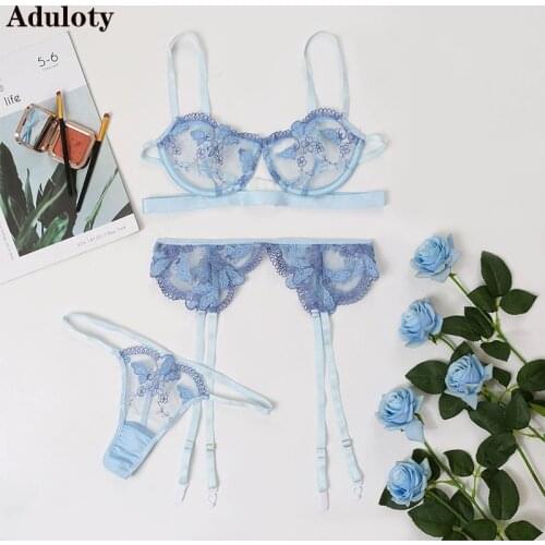 Women Hollow Out Seductive Embroidery Blue Butterfly Underwear Bra Thong Garters 3PS Summer New Gather Sexy Erotic Lingerie Set