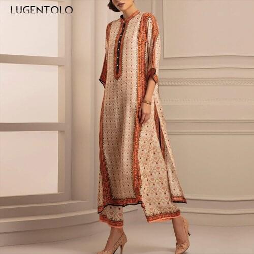 Women Dress Stand Collar Single-breasted Print Loose Dresses Lady Vintage Chiffon Thin Big Swing Split Fork Long Dress Lugentolo